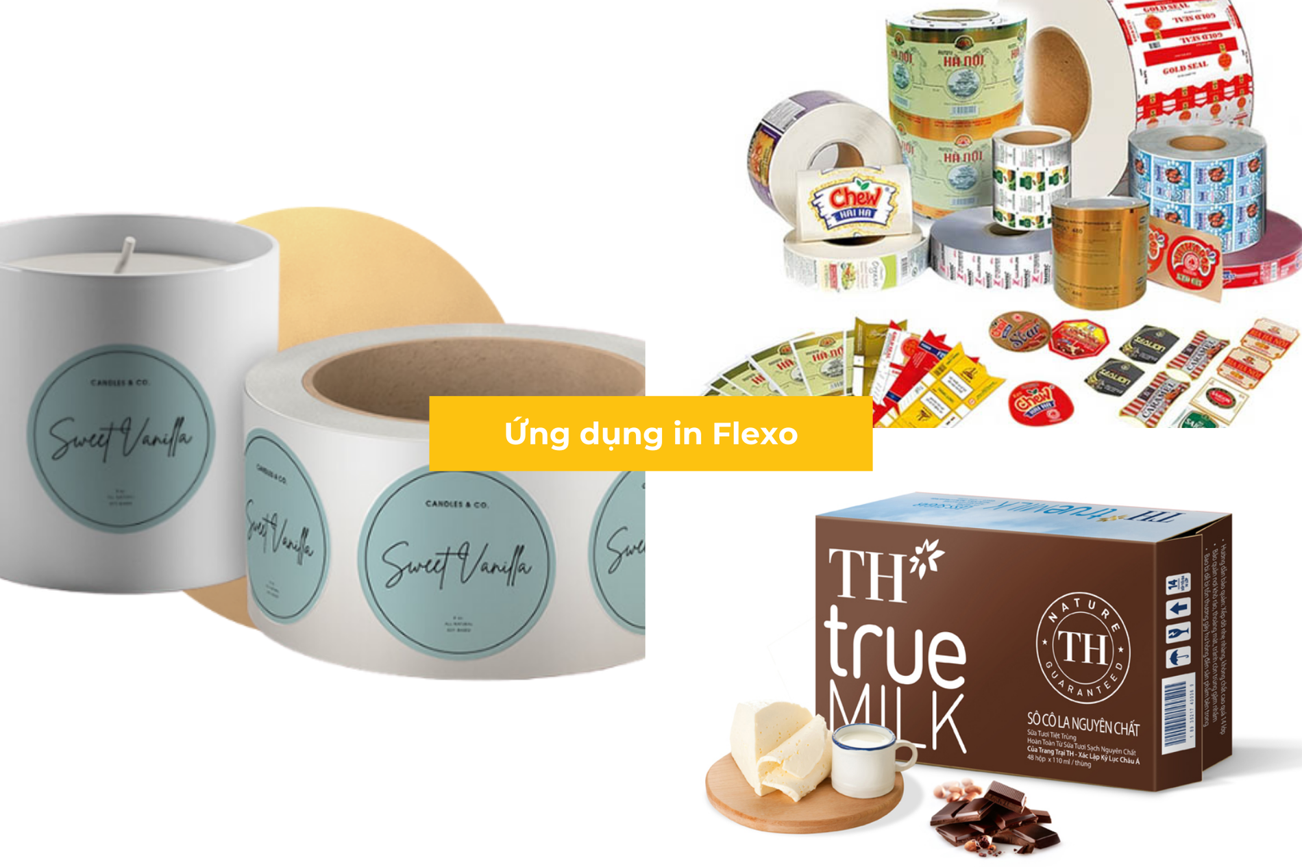 ứng dụng in Flexco: in tem nhãn, in thùng các tông