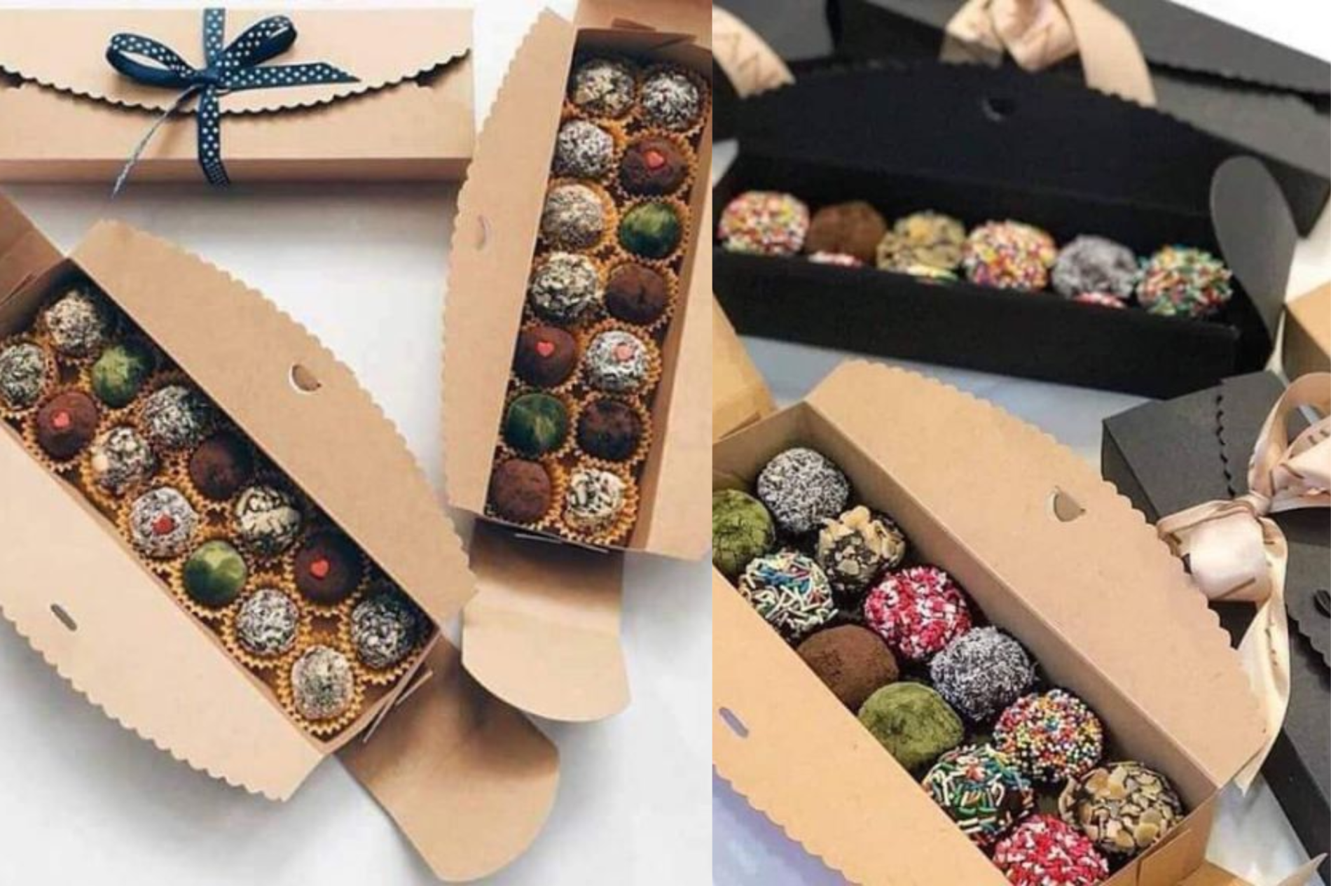 hộp giấy kraft nắp mở buộc nơ đựng socola truffle