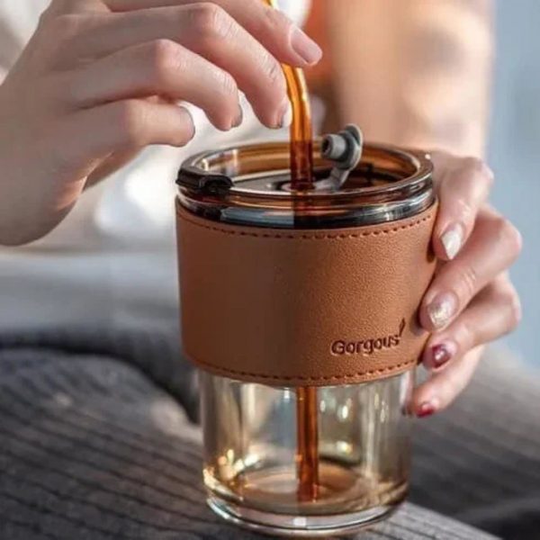 Cốc Thủy Tinh Bao Da có nắp, ống hút thủy tinh cao cấp đi kèm