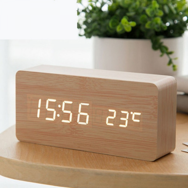 Đồng Hồ Để Bàn Đèn LED Vỏ Gỗ